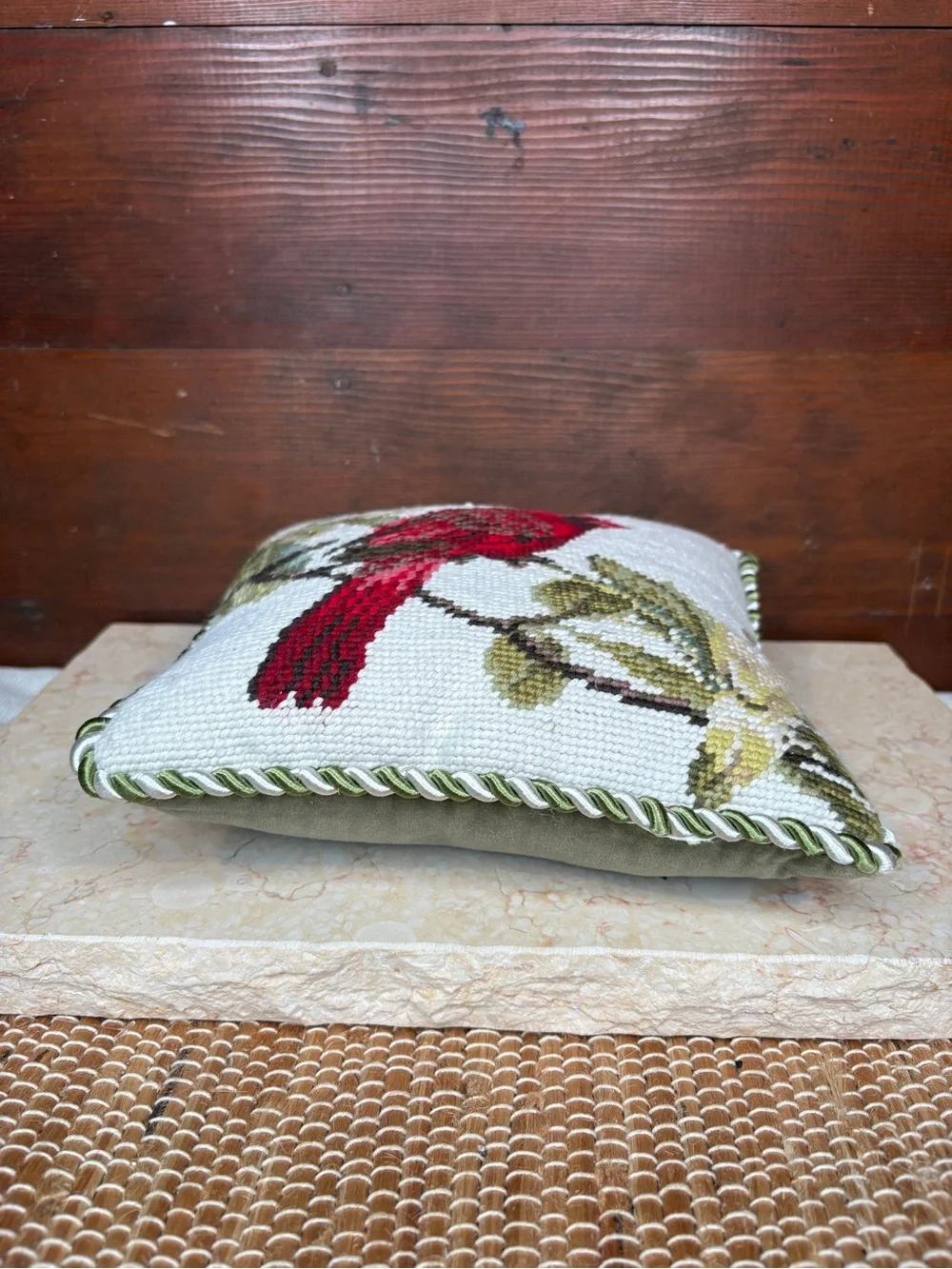 Vintage Crewel Needlepoint Cardinal Decorative Pillow Green Velour Back